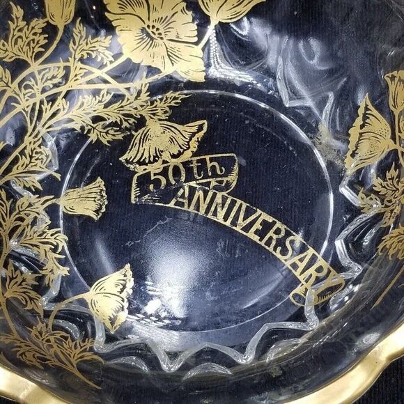 50th Anniversary Crystal Bowl Silver City Glass Platter 22K Gold Handles - Picture 2 of 3